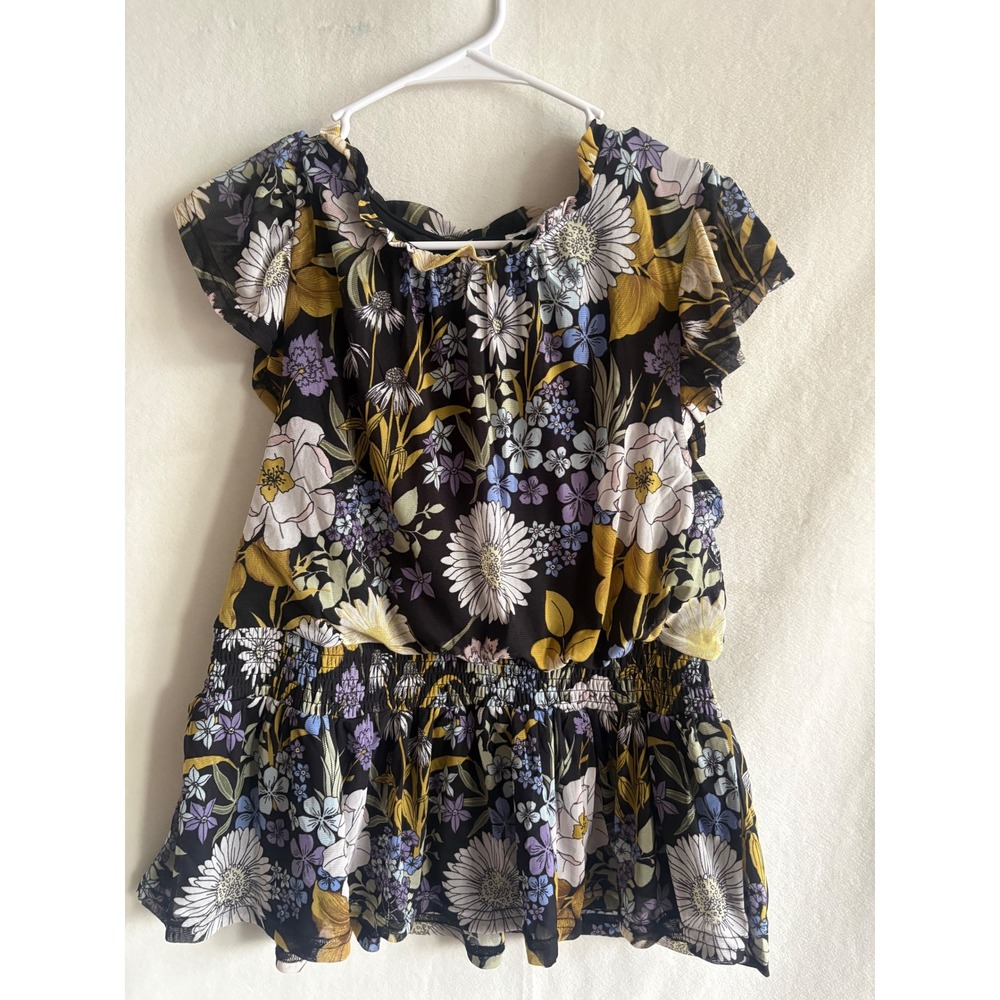 SO ITS‎ Floral Mesh Peplum Top Black Mustard Flutter Sleeve Smocked Waist Small